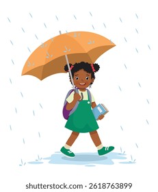 Little African girl student with backpack holding umbrella walking to school in the rain