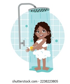 little african girl taking a bath, child education and hygiene.