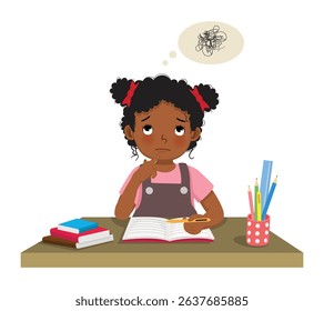 Little African girl thinking while studying doing her homework at the desk