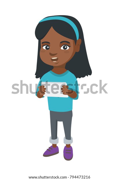 タブレットコンピュータを使うアフリカの少女 デジタルタブレットを手に持つ笑顔の女の子 幸せな女の子がデジタルタブレットで遊んでいます 白い背景にベクタースケッチの漫画イラスト のベクター画像素材 ロイヤリティフリー