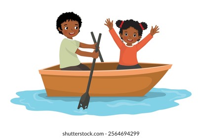 Little African kids rowing a boat in the river