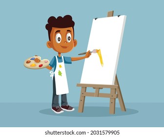 Little African School Boy Painting Vector Cartoon. Talented child learning how to paint on an easel in art class 
