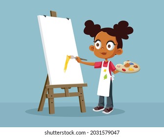 Little African School Girl Painting Vector Cartoon. Talented child learning how to paint on an easel in art class 

