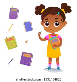 Little african schoolgirl with geometry cover book. Cute hand drawn children character with textbook element for print, textile, postcard, stickers, site design. Vector illustration.