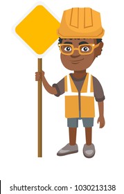 Little african-american builder boy holding road sign. Smiling boy in a builder reflective vest and hard hat standing near road sign. Vector sketch cartoon illustration isolated on white background.