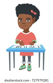 Little african-american girl playing the piano. Full length of smiling girl standing near the piano. Vector sketch cartoon illustration isolated on white background.