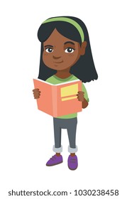 Little african-american schoolgirl reading a book. Smiling schoolgirl holding a story book in hands. Concept of education. Vector sketch cartoon illustration isolated on white background.