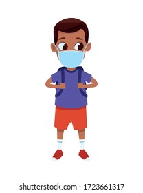 little afro boy using face mask for covid19 vector illustration design