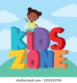 little afro girl with kids zone lettering in the field vector illustration design
