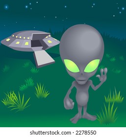 a little alien and his flying saucer