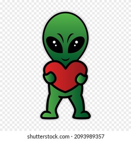 little alien holding heart isolated on transparent background, vector illustration