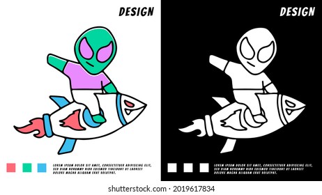 little alien ride a rocket. illustration for t shirt, poster, logo, sticker, or apparel merchandise.