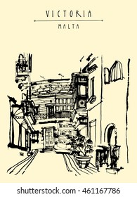 Little alley in Victoria, Gozo island, Malta, Europe. Vintage hand-drawn touristic postcard or poster template, book illustration in vector