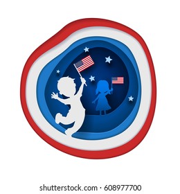 Little American children holding United States of America flag. Paper cutting art style vector illustration.