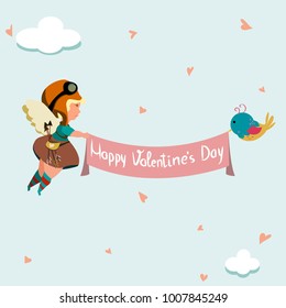 little angel and bird flying in the sky with banner Happy Valentines day