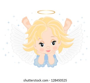 little angel in blue dress isolated on white background