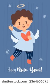 Little angel boy with heart. New year postcard in cartoon style. Vector vertical illustration. Cute Xmas kids collection, holiday design, decor