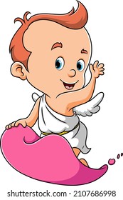 The little angel boy is sitting on the flying love and waving the hand of illustration