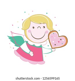 Little angel bringing Christmas cookie cartoon character vector illustration.