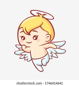 Little angel cartoon. Kawaii smiling cute angel yellow haircut with wings and halo, plotting plan funny vector anime graphic design of little good.