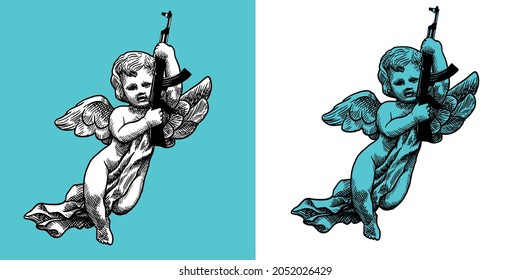 Little Angel Cupid With Gun Ak47. Vector Retro Style Engraving Black And White Line