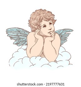 Little Angel Cupid Vector, Praying, Thinking Or Sad Angel.