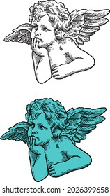 pequeño ángel cupido vector estilo retro grabado línea blanca y negra