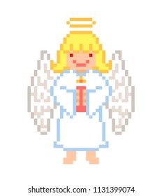 Little angel girl with a candle, pixel art character isolated on white background. Merry Christmas card. Religious holiday. Old school 8 bit retro 80s,90s video game graphics. Wedding child mascot.