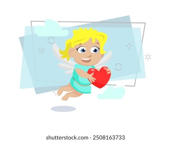 Little angel girl carrying red heart. Cartoon character, wings, cherub. Valentines day concept. Can be used for topics like love, romance, dating