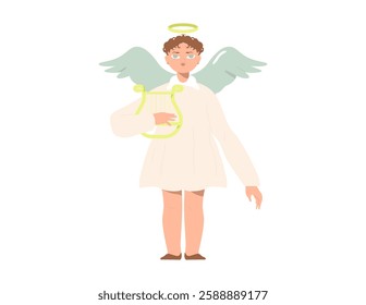 Little angel with halo and wings playing music on lyre. Smiling girl holding string instrument. Childish colored flat vector illustration of religious child isolated on white background.