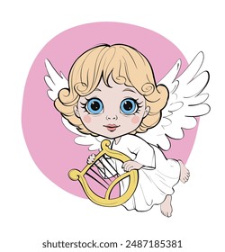 little angel with a harp flying vector art