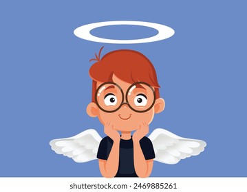 
Little Angel Innocent Boy Thinking about Something Vector Cartoon. Cute and adorable toddler smiling behaving nicely 
