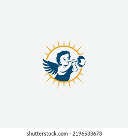 Little angel logo design blowing trumpet with sunshine, fun, happy, cute and sweet.