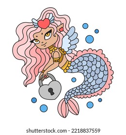 Little angel mermaid. St Valentines day poster. Cute girl with pink hair and gift. Romantic print for card. Love ceremony. Cartoon vector illustration for kids and adults. Isolated on white