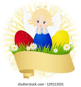 little angel and painted eggs on green grass