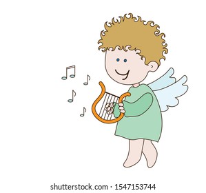 Little angel plays the harp. Vector illustration.
