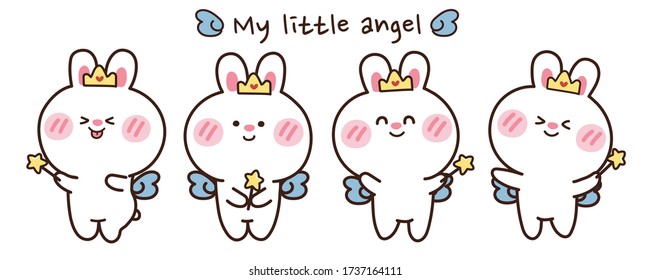 Little angel rabbit in various poses hand drawn banner set.Cute cartoon character design.Animal.Doodle.Kid graphic.Kawaii.Vector.Illusration.