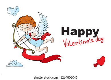 Little angel shoots a bow flying in the sky. The concept of holiday cards in cherub in vector for printing. happy Valentine's day inscription.
