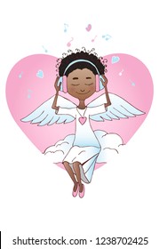 A little angel sits on a cloud and listens to music with his eyes closed.
Angel in headphones listening to music. Valentine's Day greeting card.
