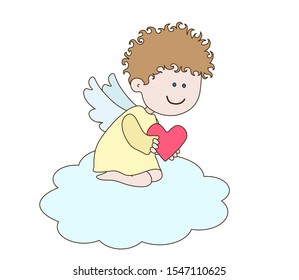 A little angel sits on a cloud and holds a heart. Vector illustration.