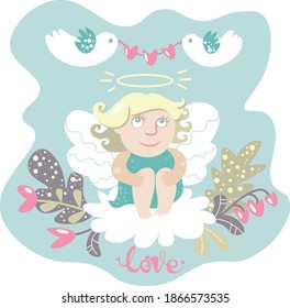 a little angel sits on a cloud doves hold hearts in their beaks