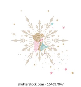 little angel sitting in snowflake