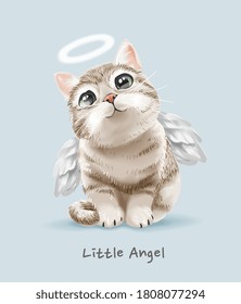 little angel slogan with cute angel cat illustration