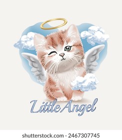 pequeño eslogan del ángel con el ángel lindo del gatito en la Ilustración vectorial de fondo del cielo azul