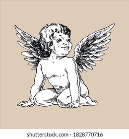 Little angel smiles, engraving, Baroque.