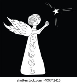 Little angel with a star on the black background. Vector illustration.
