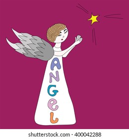 Little angel with a star on the pink background. Vector illustration.