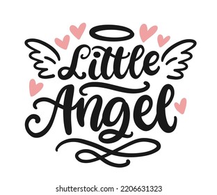 Little Angel Vector hand written lettering phrase with wings, isolated calligraphy. Kids Fashion print. Cute girlish illustration for girl t shirts design, nursery poster. Retro vintage style element