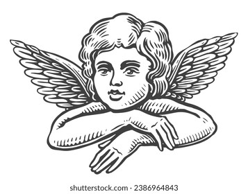 Ángel pequeño, estilo de grabado vintage. Bebé lindo con alas, ilustración vectorial en blanco y negro. sstkLOVE