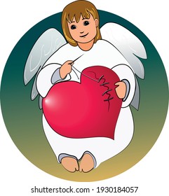 A little angel in white clothes sews up a wounded red heart,  waiting for treatment, on a green and blue background. Holidays Valentine's day, March 8 .  Consolation 